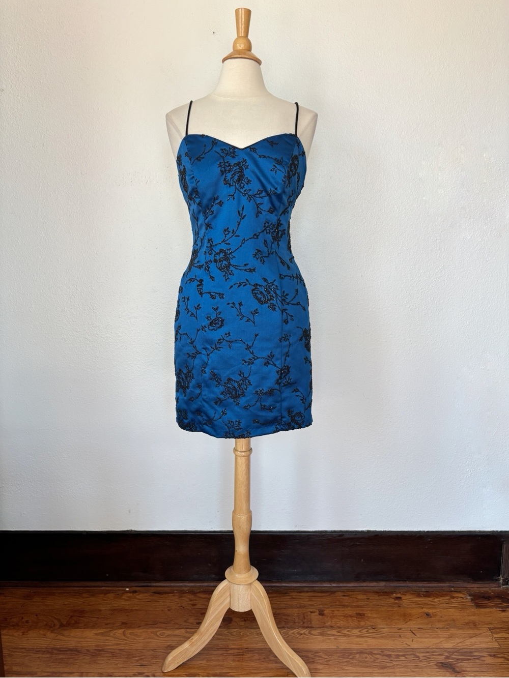 Vintage Sapphire Blue Floral Beaded Spaghetti Strap Cocktail Dress